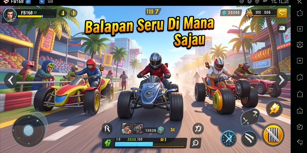Tangkapan layar utama menampilkan aksi balapan seru dalam FB168.