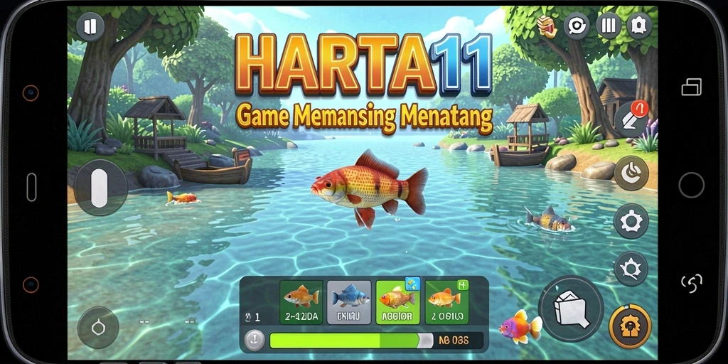 Screenshot gameplay HARTA11 menunjukkan momen seru memancing di laut.