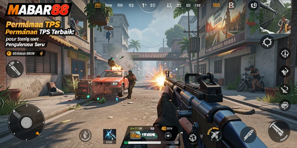 Screenshot menunjukkan aksi intens dalam gameplay TPS MABAR88.