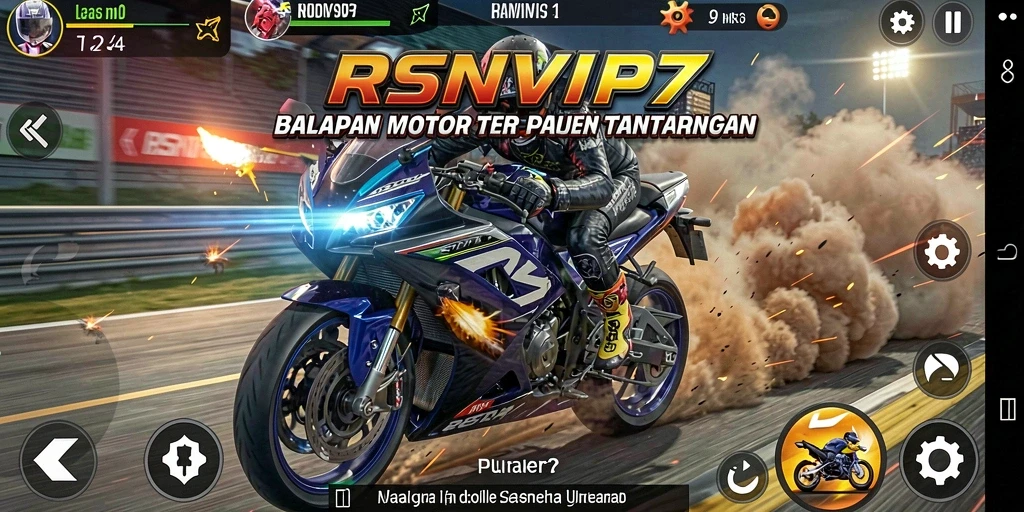 Screenshot gameplay RSNVIP7 menampilkan aksi balapan motor yang intens.